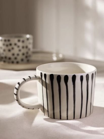 Hand Painted Line Stoneware Mug, 300ml, Black/White